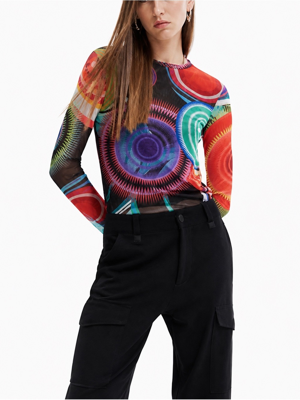 Desigual Funky Print Abstract Mesh Long Sleeve Top Size L